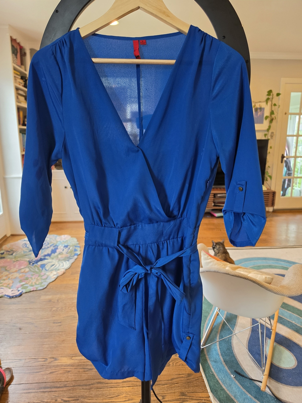 Women's 5/48 Royal Blue Wrap Romper with Tie Waist Size S